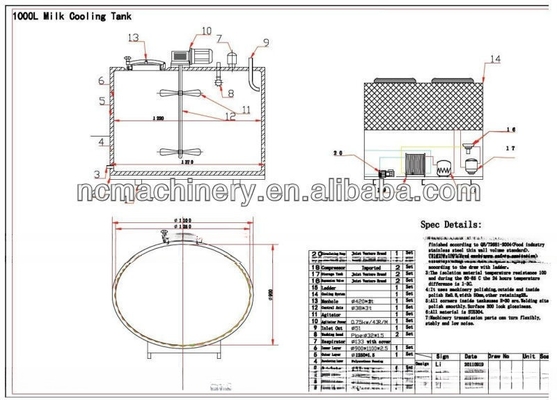 Tanque de refrigeração de leite de capacidade de 4000-5000L Equipado com compressor Copeland